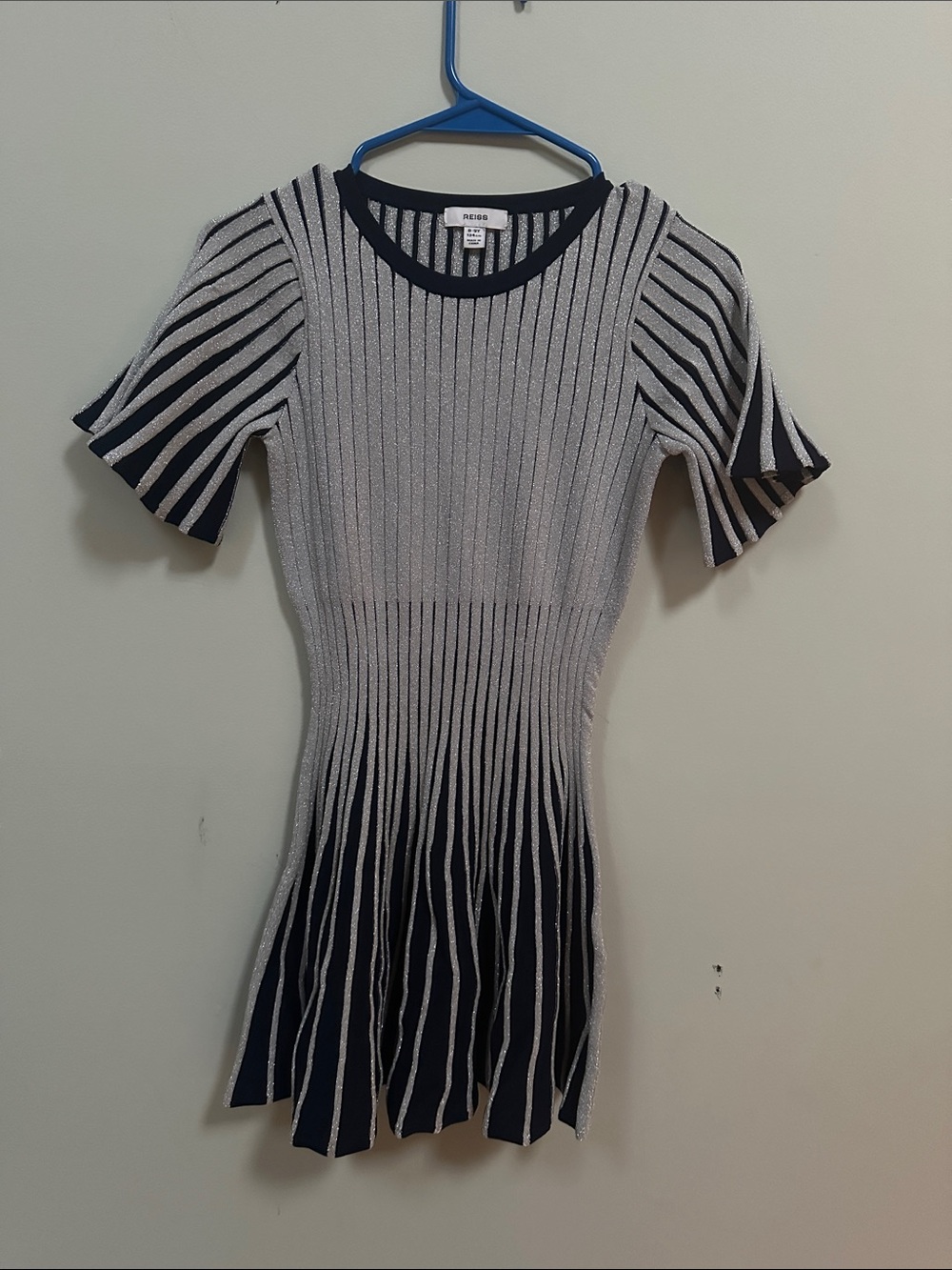 Reiss Silver and Navy Ribbed Short Sleeve dress